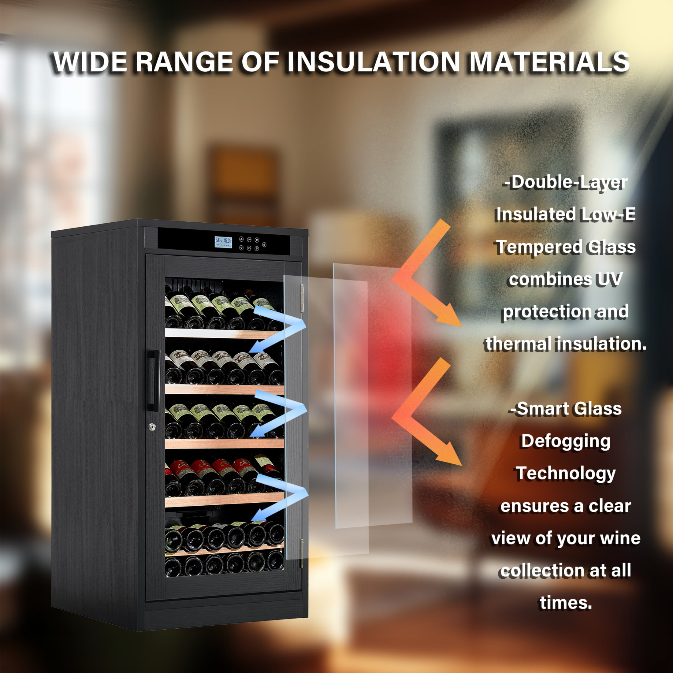 CTOSPOATO 69 Bottle Wine Cooler,Compressor Wine Cabinet with LED Touch Screen,Constant Temperature & Humidity Control,Double-Layer Tempered Glass,Black Wood for Home Bar,Kitchen,Black