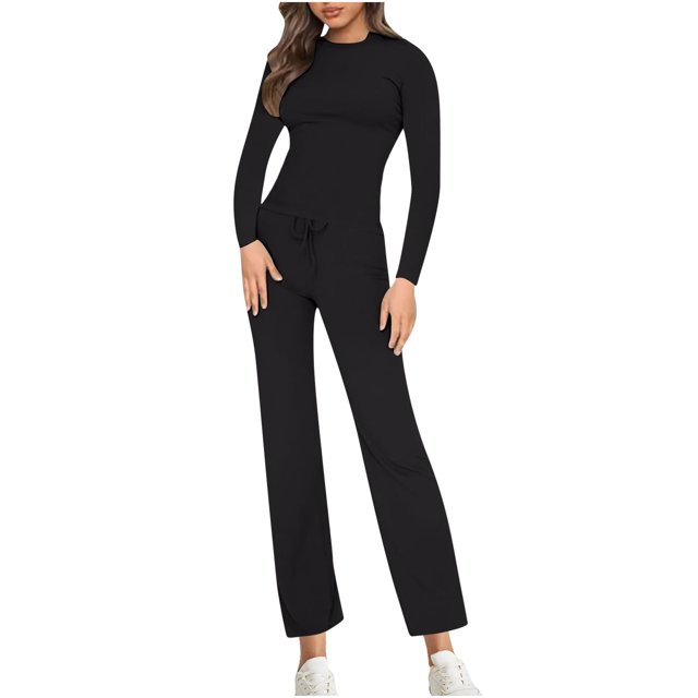 ShomPort Casual Outfits for Womens Kint Ribbed Round Collared Long Sleeve Tops Drawstring Ankle Length Trousers Stretchy Going Out Set
