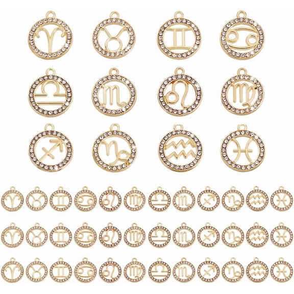 48PCS Zodiac Charms Twelve Constellation Zodiac Sign Horoscope Zodiac Charms with Loop Alloy Rhinestone Pendants for Jewellery Making Necklace Bracelet DIY 0.7~0.9 Inch Golden