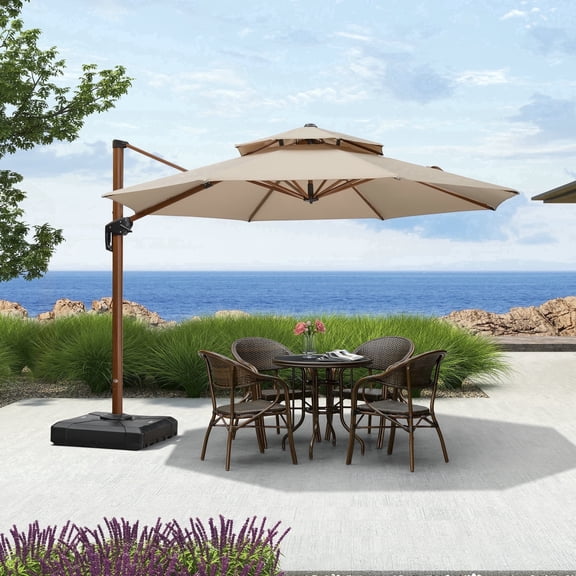 PURPLE LEAF OUTDOOR 11ft Cantilever Umbrella with Base Outdoor Offset Umbrellas Windproof Wood Grain Large Patio Umbrella Round Umbrella for Patio, Beige
