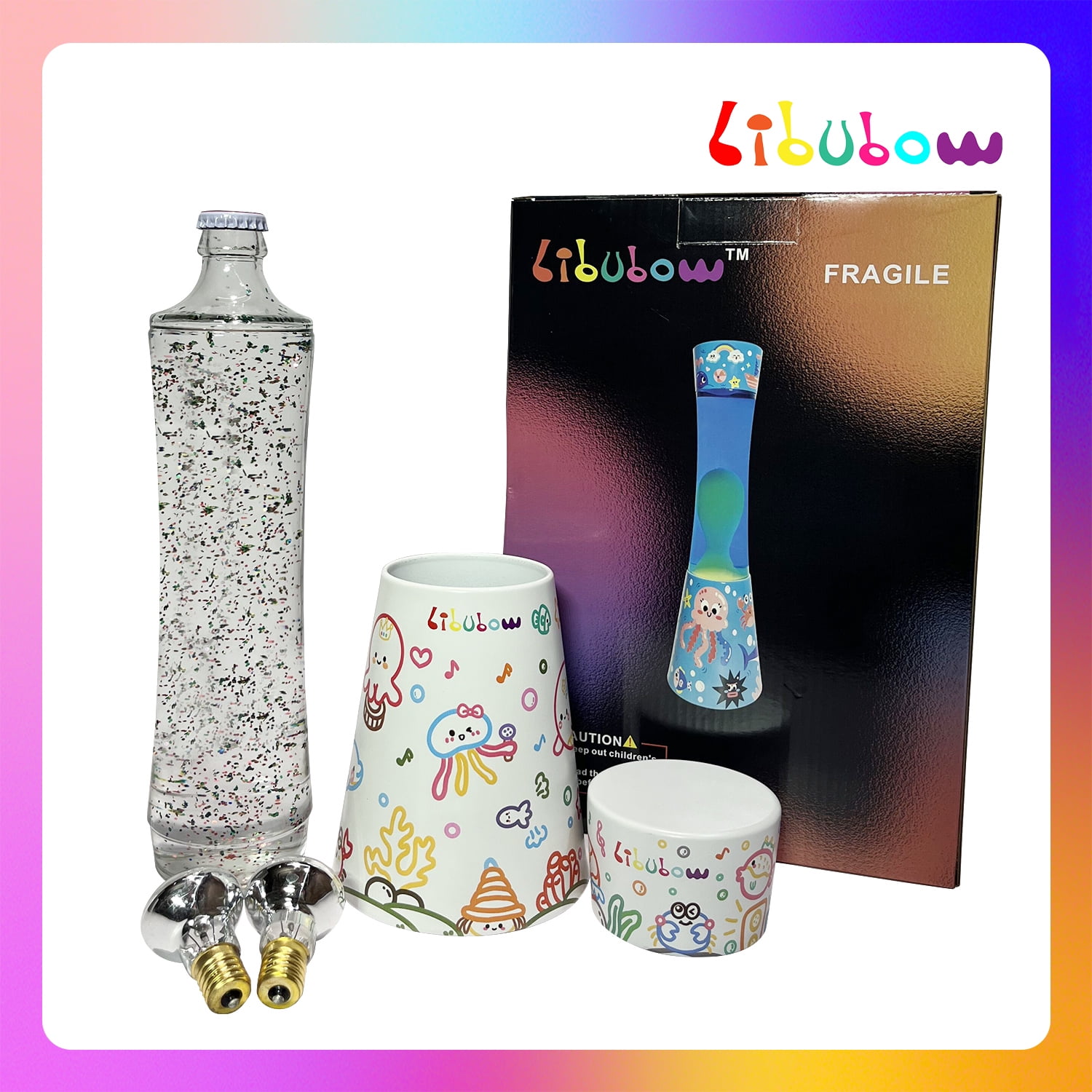 Libubow 15.5" Music Party Decal Base Rainbow Glitter Lamp, 2pcs Bulbs