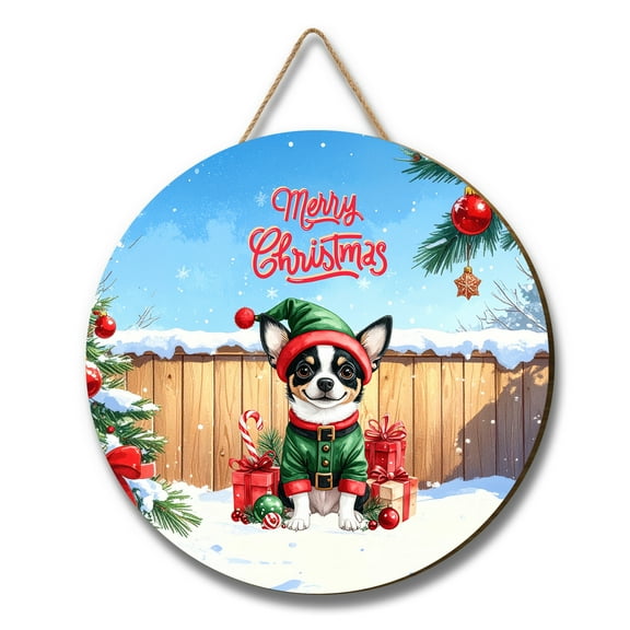Merry Christmas Woofmas Xmas Noel Rat Terrier Elf Candy Cane Snow Round Wood Sign Ratty Dog Lover Hanging Wall Home Decor - 13017