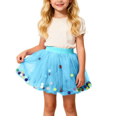 SonxaHe Toddler Girl s Skirt High Waist Dance Party Skirts with Pom Pom Kids Cute Ballet Holiday Party Tutu Skirts Blue Szie 3-4 Y