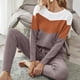 thumbnail image 3 of Top de cuello redondo, pantalones, ropa de descanso, 2 piezas, Color de contraste, manga larga, lazo en la cintura, ropa de dormir de punto informal para mujer, 3 of 6