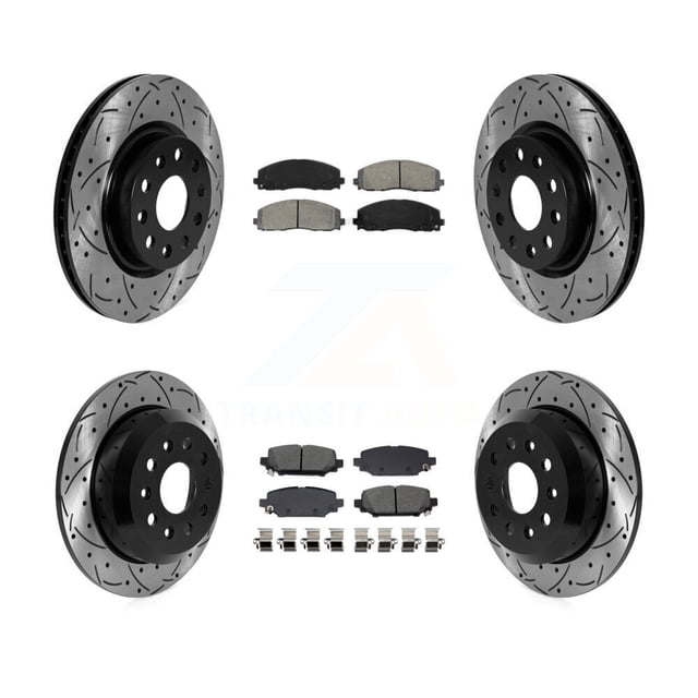 Transit Auto Front Rear Coated Drilled Slotted Disc Brake Rotors and Semi-Metallic Pads Kit for Car 2018-2019 Jeep Wrangler Sport Without Heavy Duty Brakes Code BRY KDS-101201