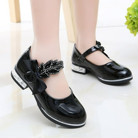 

nsendm Girls Dress Shoes For Girls Wedding Bowknot Girl Shoes Princess Party School Shoes Low Heel For Flossy Posse Girls Black 9 Years