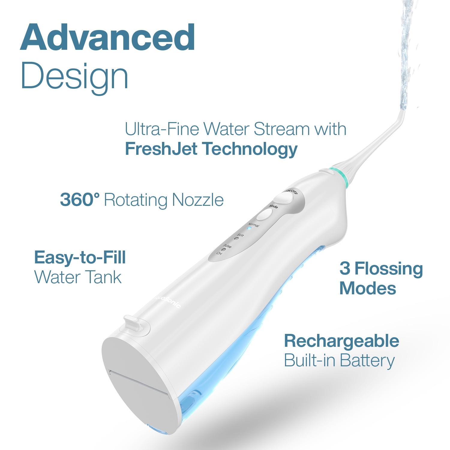 AquaSonic Aqua Water Flosser - Rechargeable Portable Oral Irrigator, 4 Tips, 3 Modes, 150ml Tank (White)