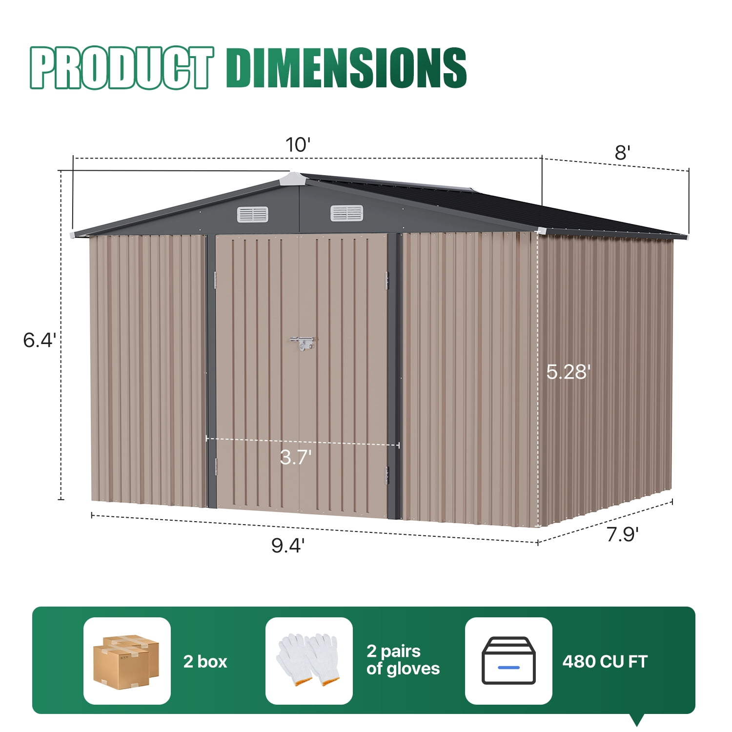 Clouddwell 10x8 ft. Outdoor Storage Shed with Base, Brown Metal Garden Shed with Double Lockable Doors for Backyard, Patio