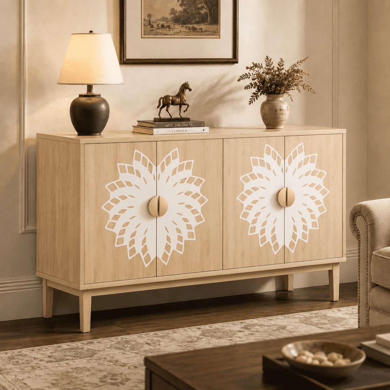 63"Sideboard/Dining Room Cabinet,Vintage-Style Decorative Storage Cabinet with Carved Doors,a Multifunctional Sideboard Ideal for Storage in Entryways,Living Rooms and Dining Rooms,63"L*15.7"W*32.7"H
