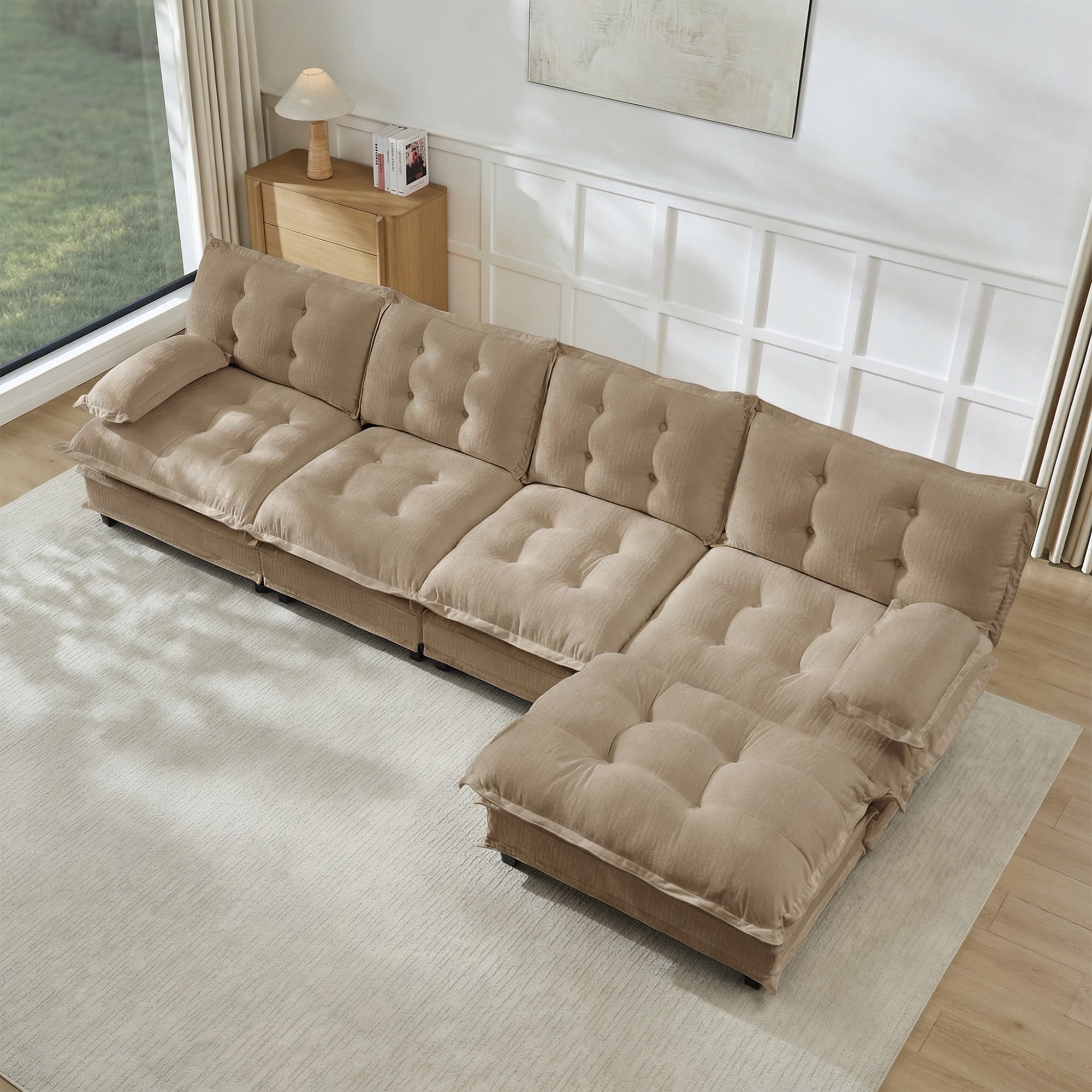 AISWORD 138" L-Shaped Modular Sectional Cloud Sofa with Ottoman, Chenille Fabric Deep Seat Couch with Lattice Decored Cushions