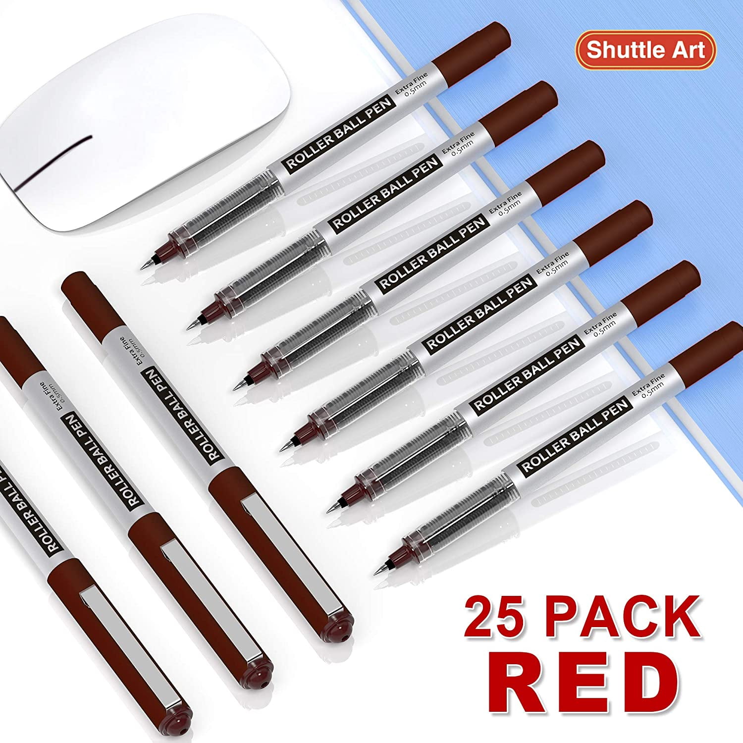 RollerBall Pens, Shuttle Art 25 Pack Red Fine Point Roller Ball Pens, 0.5mm Liquid Ink Pens for Writing Journaling Taking Notes Office