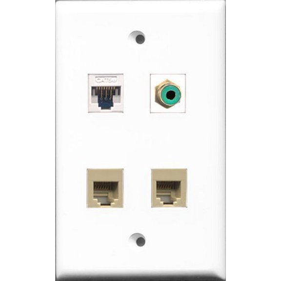RiteAV 1 Port RCA Green 2 Port Phone RJ11 RJ12 Beige and 1 Port Cat5e Ethernet White Wall Plate