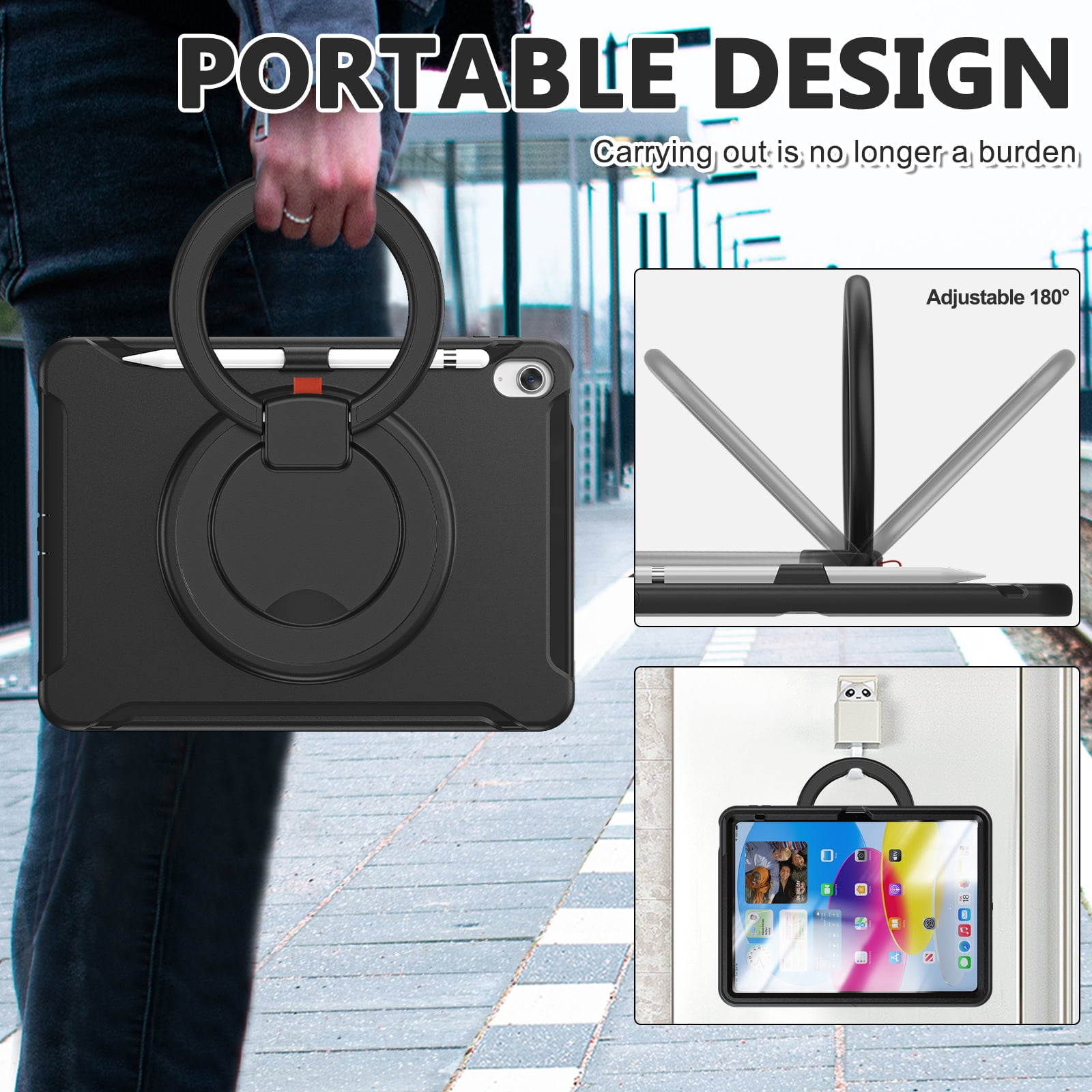 Dteck Case for iPad 10th Generation 10.9 inch 2022 with Hand Grip, Portable Carrying Rugged Shockproof Cover with Rotatable Stand Pencil Holder for Apple iPad 10th Gen,Black