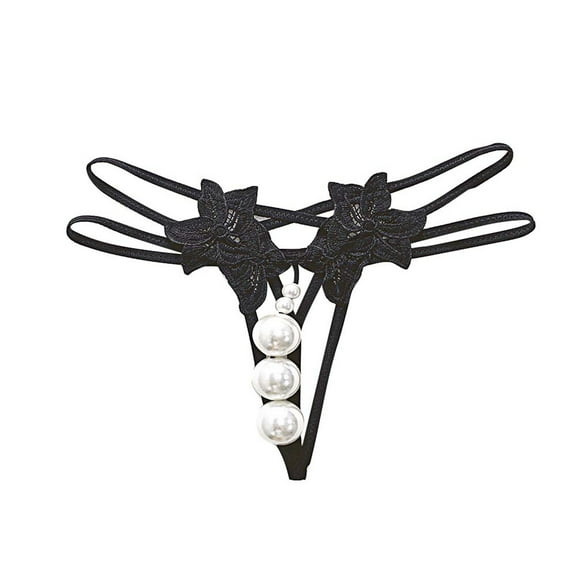 Thongs for Women Black Hollow Underwear Thongs Pearl Panty Crotchless Panties M