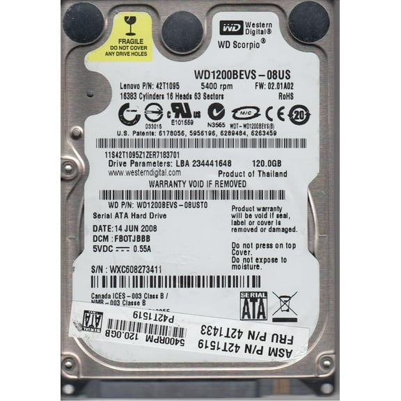 WD1200BEVS-08UST0, DCM FBOTJBBB, Western Digital 120GB SATA 2.5 Hard Drive