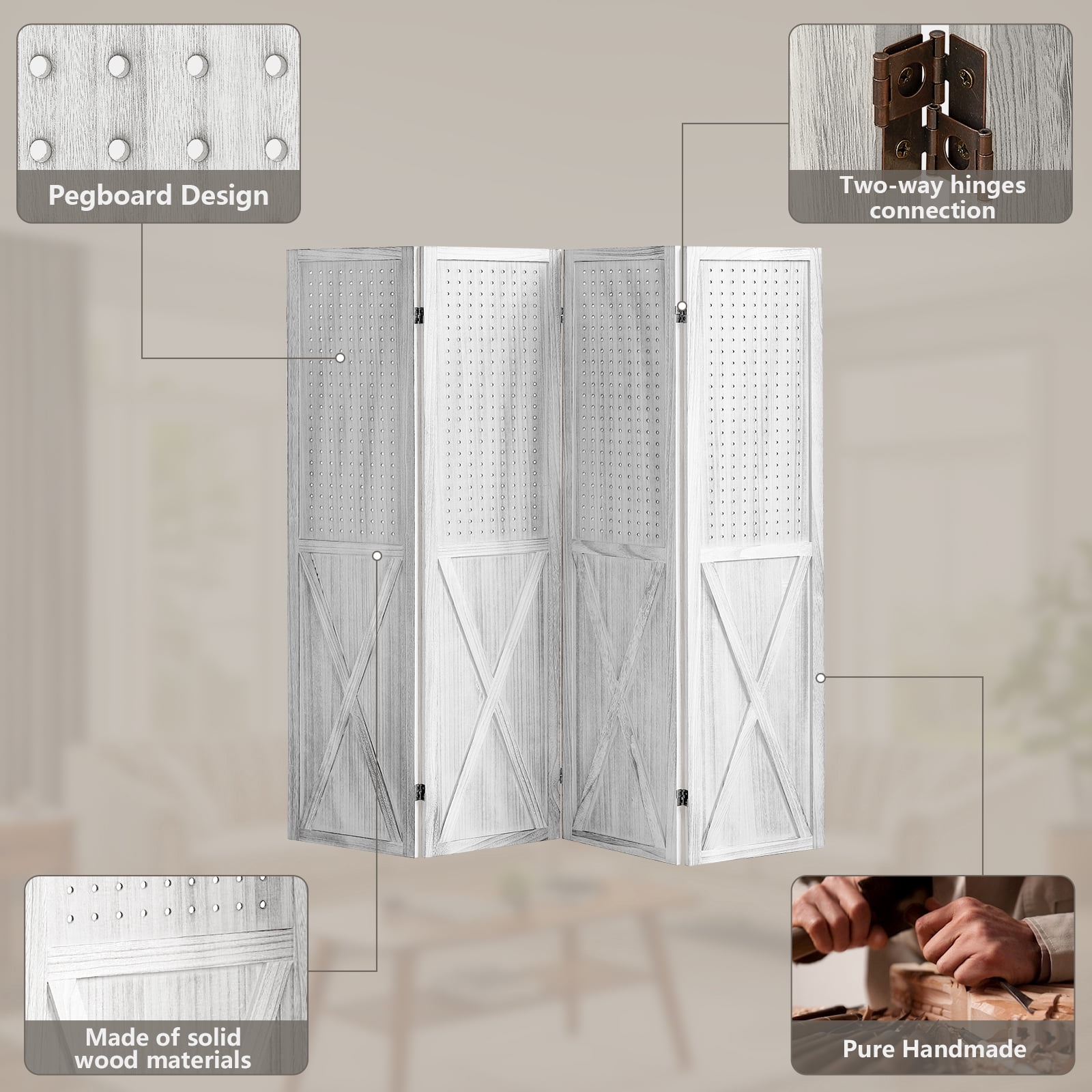 Aletheiawu 4 Panel Wood Room Divider, Folding Privacy Screens,No Installation Required, White