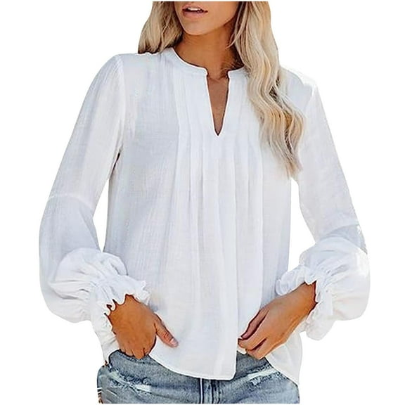 JINMGG Womens Tops,Women Blouse Tees Shirts Tops V-neck Pleated Long Sleeve Solid T-Shirt,White L