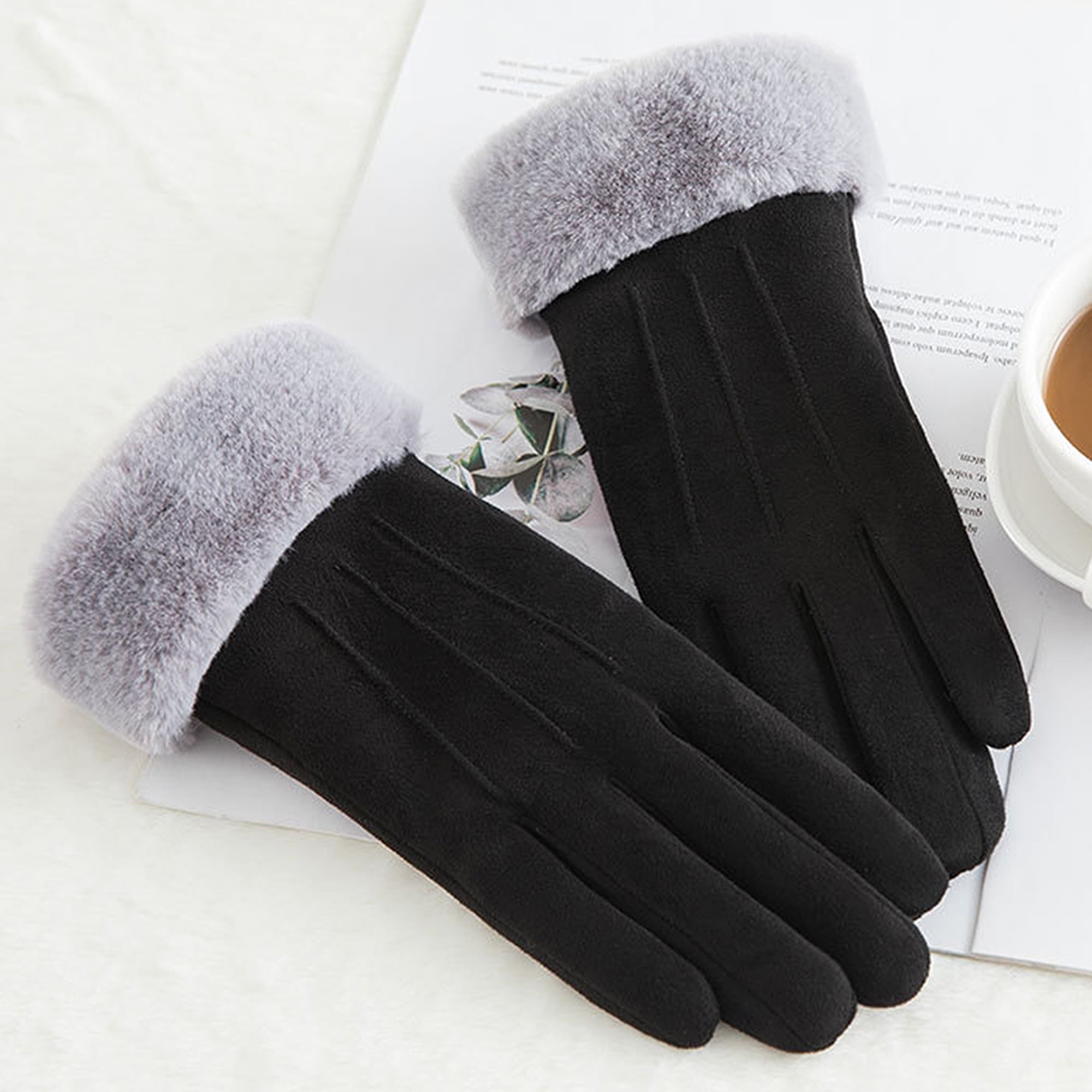 Wodstyle - Women Suede Faux Fur Fleece Lined Soft Gloves Touch Screen Winter Thermal Cuff Mitten 