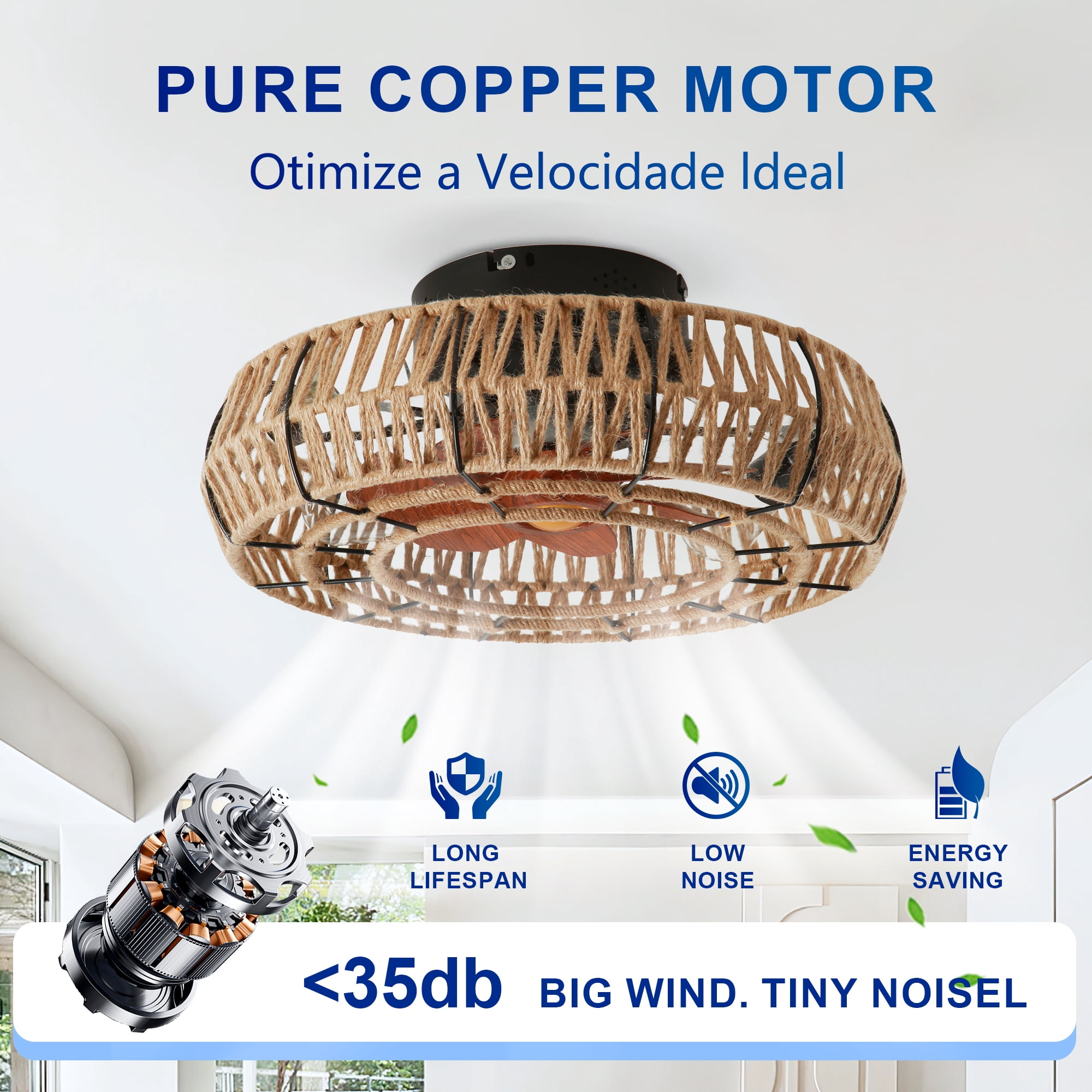 Leumius 20" Rope Caged Flush Mount Ceiling Fan with Light and Remote Control, Low Profile Chandelier 6 Speed DC Motor Reversible Ceiling Fan for Living Room Bedroom Matte Black (NOT Included Bulbs)