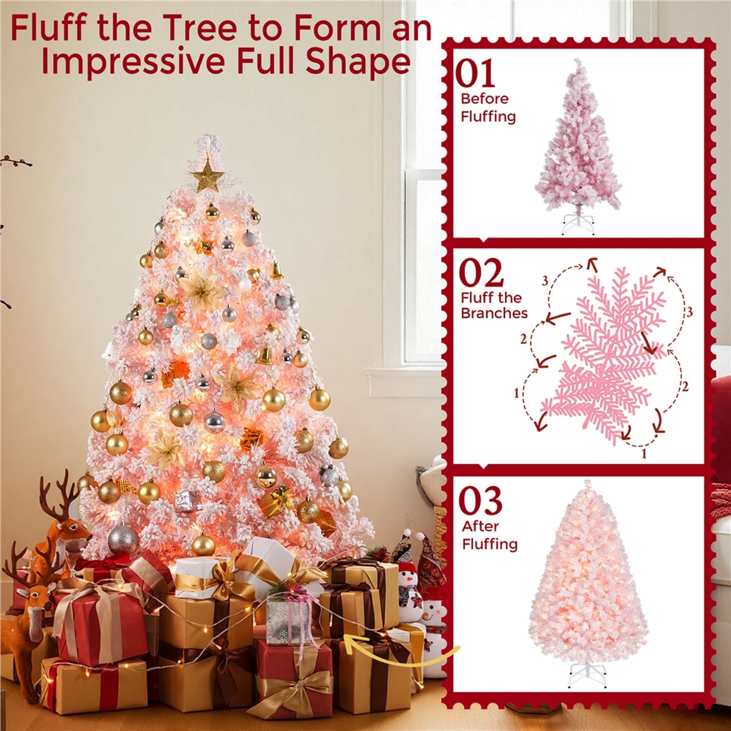 Alden Design 4.5FT Pre-lit Artificial Christmas Tree Flocked Christmas Tree with Foldable Stand and LED Warm Lights,Pink