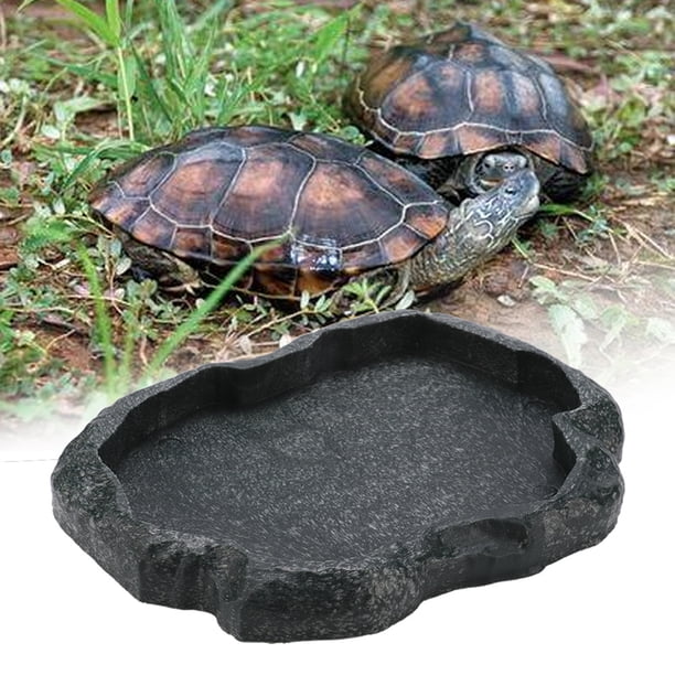 Cuenco alimentador de plato de agua y comida de roca de reptil duradero de resina para lagarto tortuga (verde M)