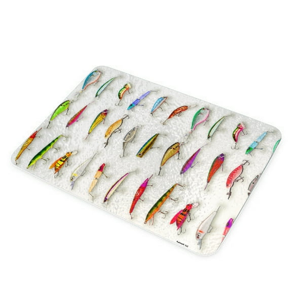 KuzmarK Glass Cheese Cutting Board 11"x7.75" - Many Fishing Lure Lures