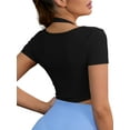 thumbnail image 3 of INSPIRE CHIC Women's Halter Neck Short Sleeve Workout Crop Tops Front Closure Slim Fit Fitness t Shirt Top S Black, 3 of 5