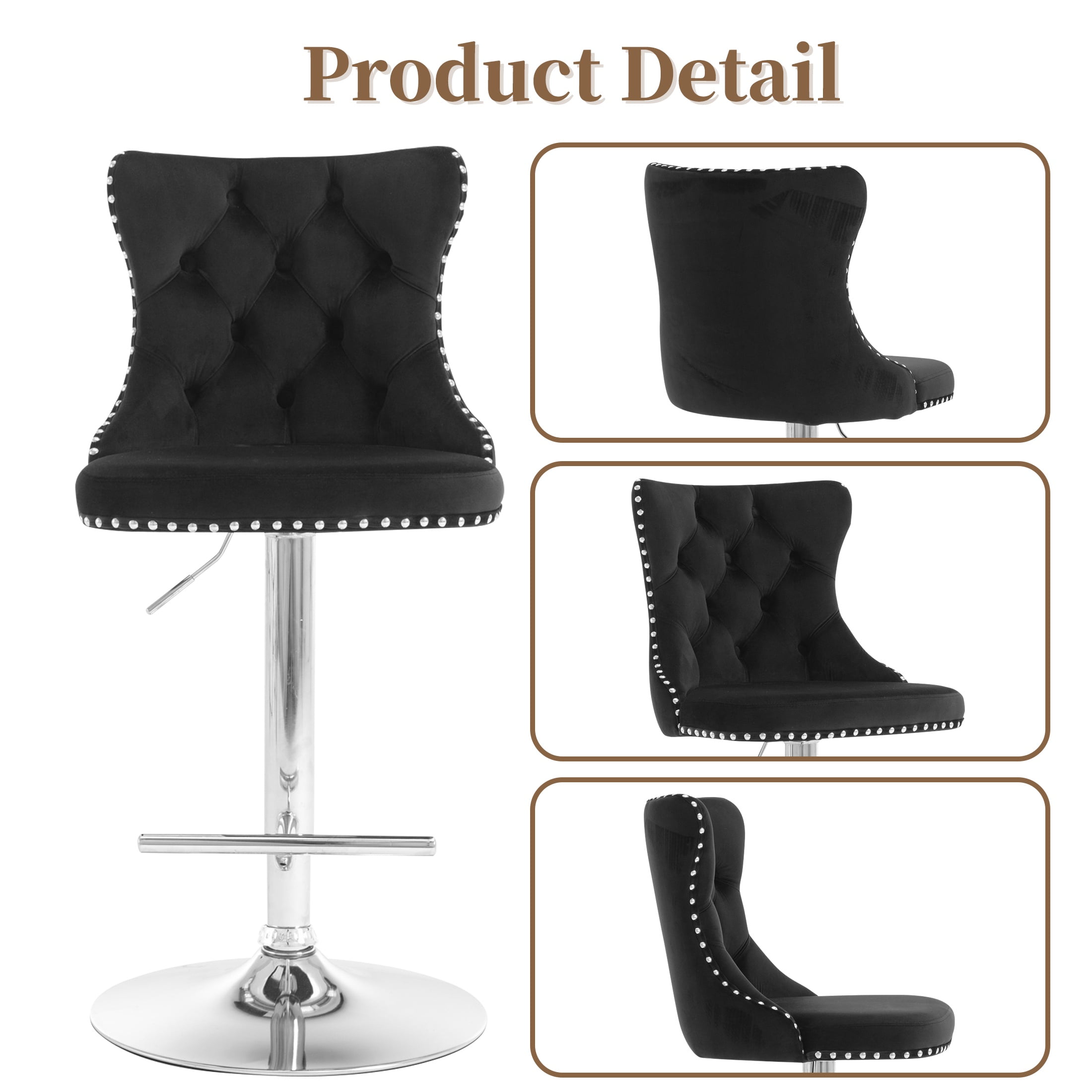 PAPROOS Bar Stools Set of 4, 360°Velvet Swivel Barstools with Backs, Chrome Base, Adjustable Seat Height from 25-33 inch, Counter Height Bar Chairs for Kitchen Island, Home Bar, Black