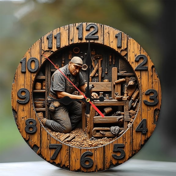 Wooden Craftsman Clock Wall Decor 10-Inch Silent Wooden Wall Clock, Battery Operated (AA Batteries Not Included), Artistic Home Decor