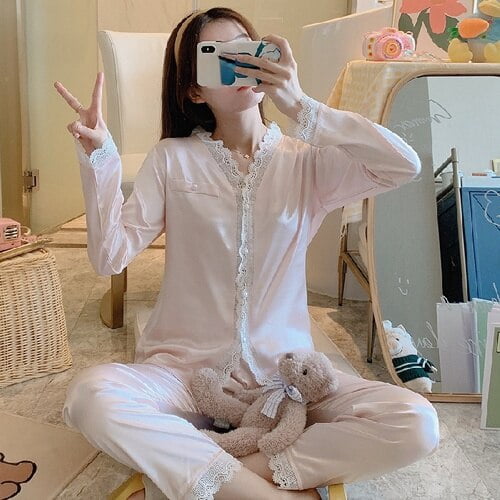 V Neck Nightwear Sleep Set Pajamas Ice Silk Printing Long Sleeve