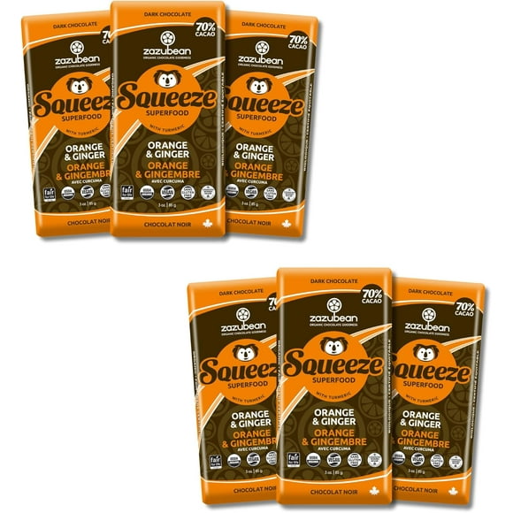 Zazubean Organic Chocolates Squeeze Orange & Ginger Dark Chocolate Bars with Turmeric (6 x 85g)