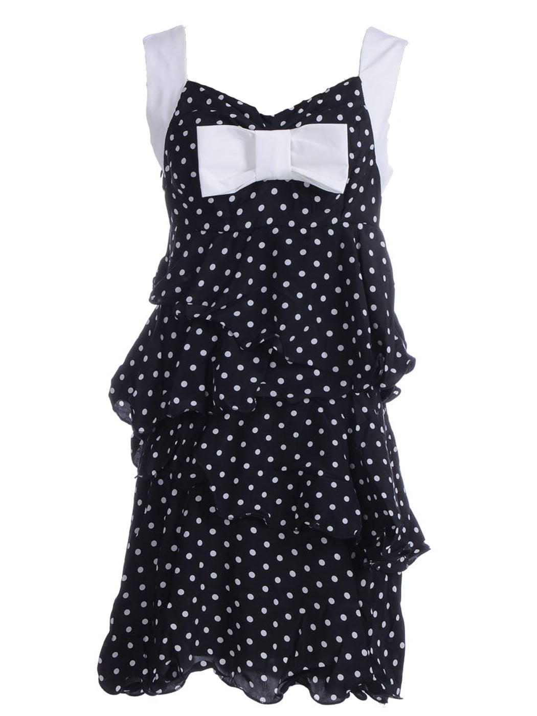 S/M Fit Black and White Polka Dot Tiered Ruffle Bow Front Trim Dress ...