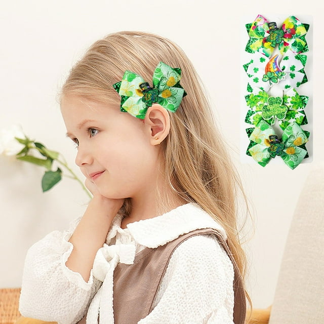 Fiudx Pinzas para El Pelo Del Día de San Patricio, Diseño de Lazo Festivo Verde, Material Suave y Cómodo, Estilos Versátiles, Accesorio para Fiestas, de 3 a 12 Años, Juego de 4, 23,3 X 11,92 X 2 Cm