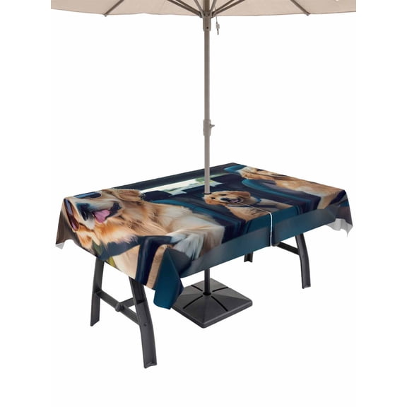 Outdoor Tablecloth with Umbrella Hole and Zipper, Summer Funny Rectangle Table Cloth 60x102 Inch Waterproof Tablecloth, Modern Driving Dog Print Picnic Table Cover for Patio Camping