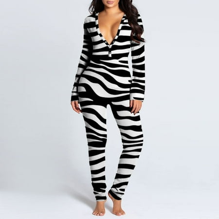 

Ladies Casual Long-sleeved Printing Detachable Button Flap Adult Pajamas One-piece CHMORA