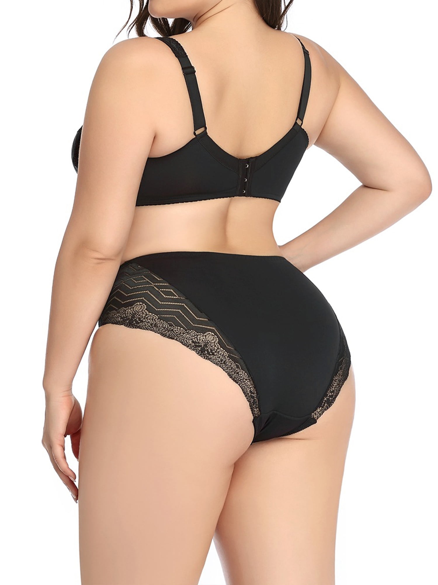 Unique Bargains Women's Plus Size Underwire Lace Trim Adjustable Straps Bra and Panty Set 42C Black