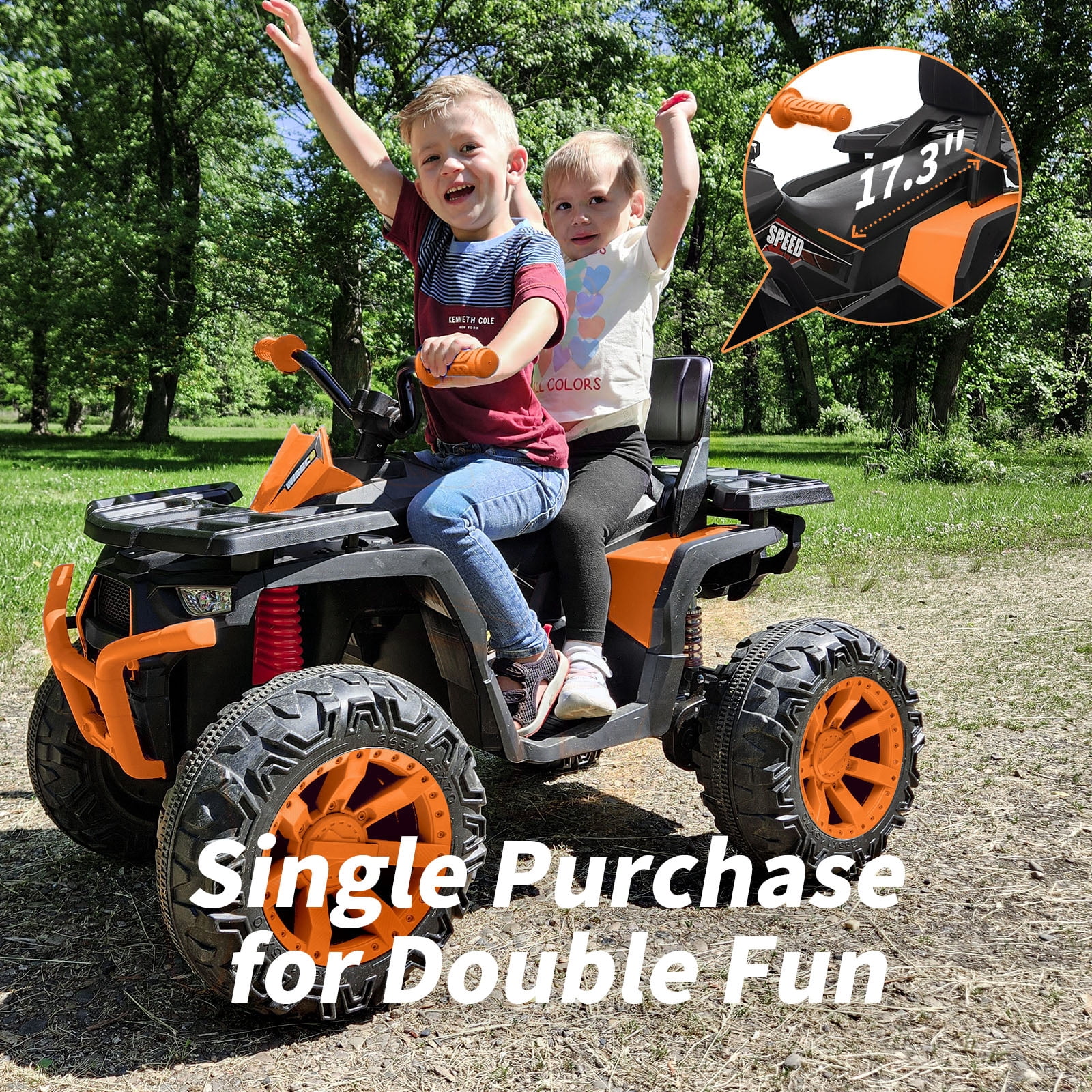 Hikiddo 24V 4WD Kids ATV 4 Wheeler, 2-Seater Powered Ride on ATV Toy for Big Kids w/ Bluetooth, 4x200W Motor - Orange
