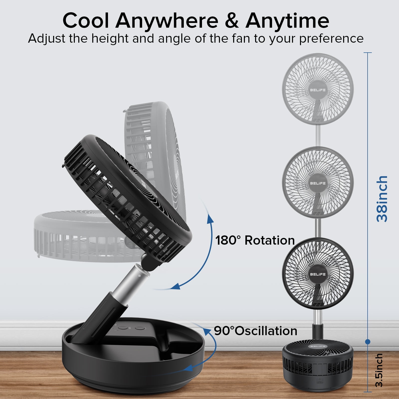 Belife X8 Portable Fan, 7200mAh Battery Powered Fan Rechargeable, Oscillating USB Desk Floor Fan with Remote, Foldable Telescopic Fan for Home Bedroom Sleeping Office Camping Travel, 7.7" (Black)