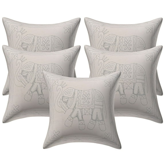 Stylo Culture Indian Couch Throw Pillow Covers 16 x 16 Silver Thread Embroidered White Silver Ethnic 40 x 40 cm Home Decor Cotton Elephant Square Cushion Covers | Set Of 5