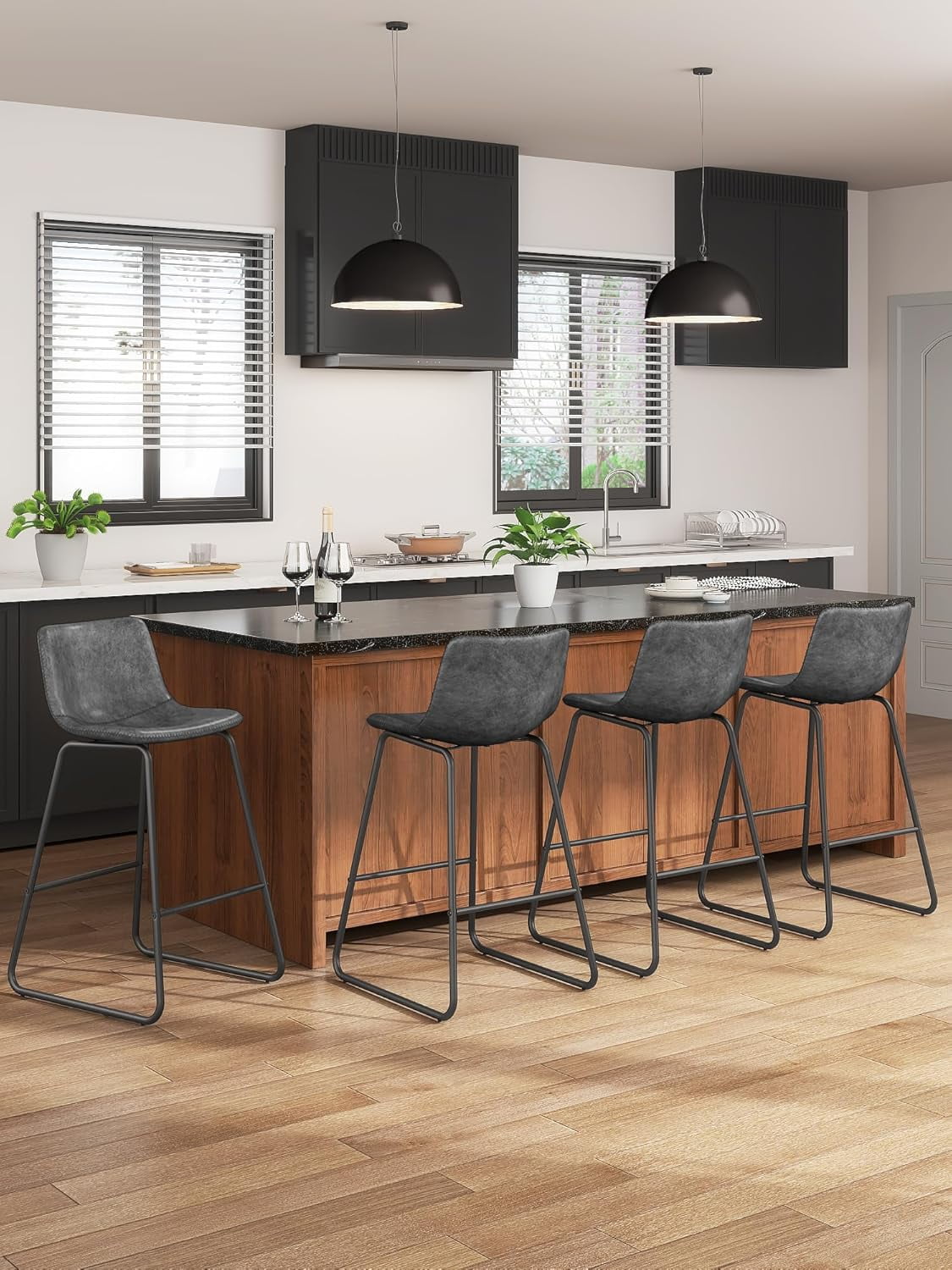 LainTene 26" Bar Stools Set of 2 – Faux Leather Counter Height Stools with Backrest & Footrest, Heavy-Duty Metal Frame for Kitchen, Bar, Living Room, Gray