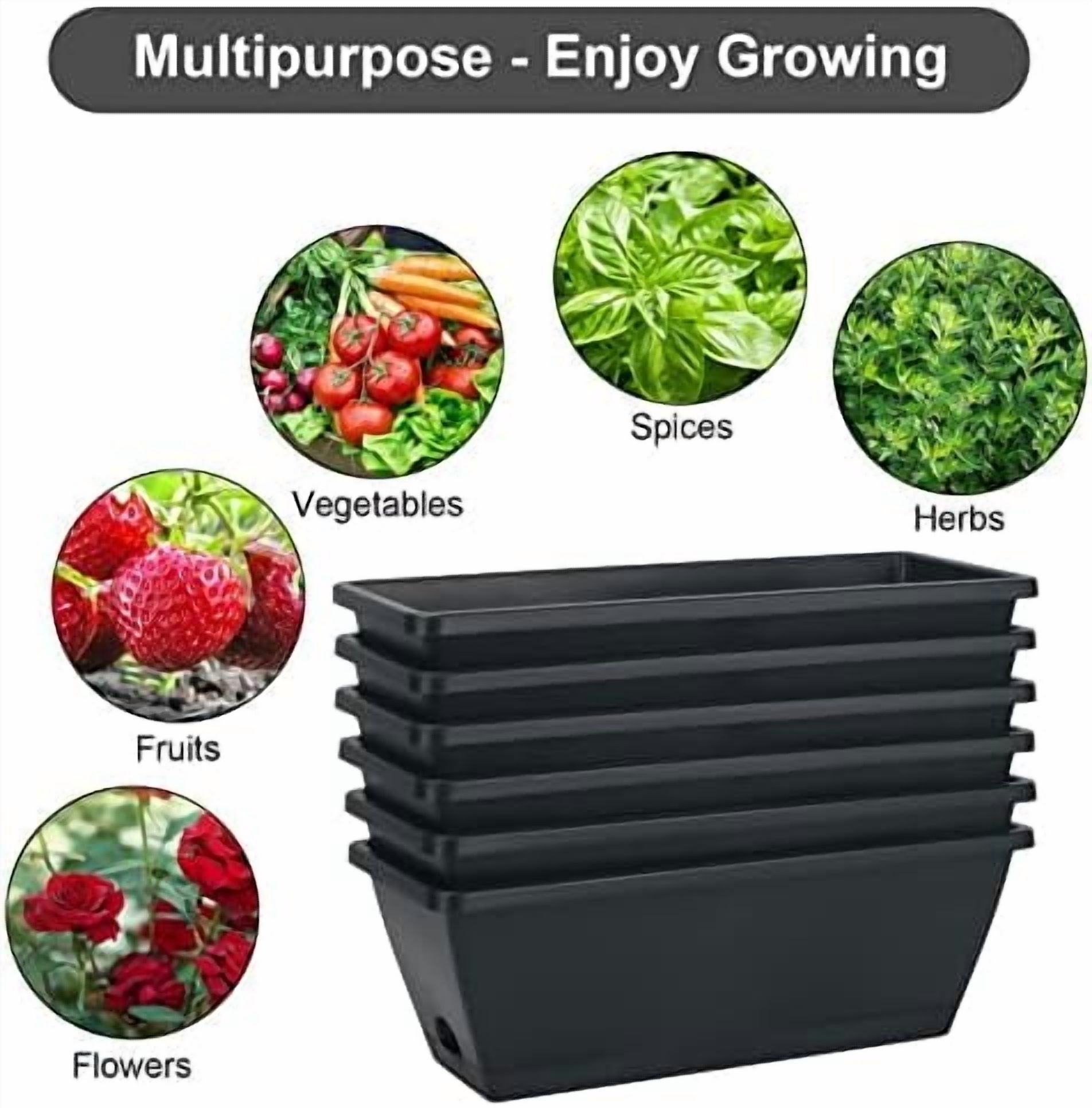 RibRave Window Box Planter, 6 Pack 17inch Plastic Vegetable Flower Planter Boxes with Tray, Indoor Outdoor Flower Pots for Windowsill, Patio, Porch, Garden Balcony, Dark Gray