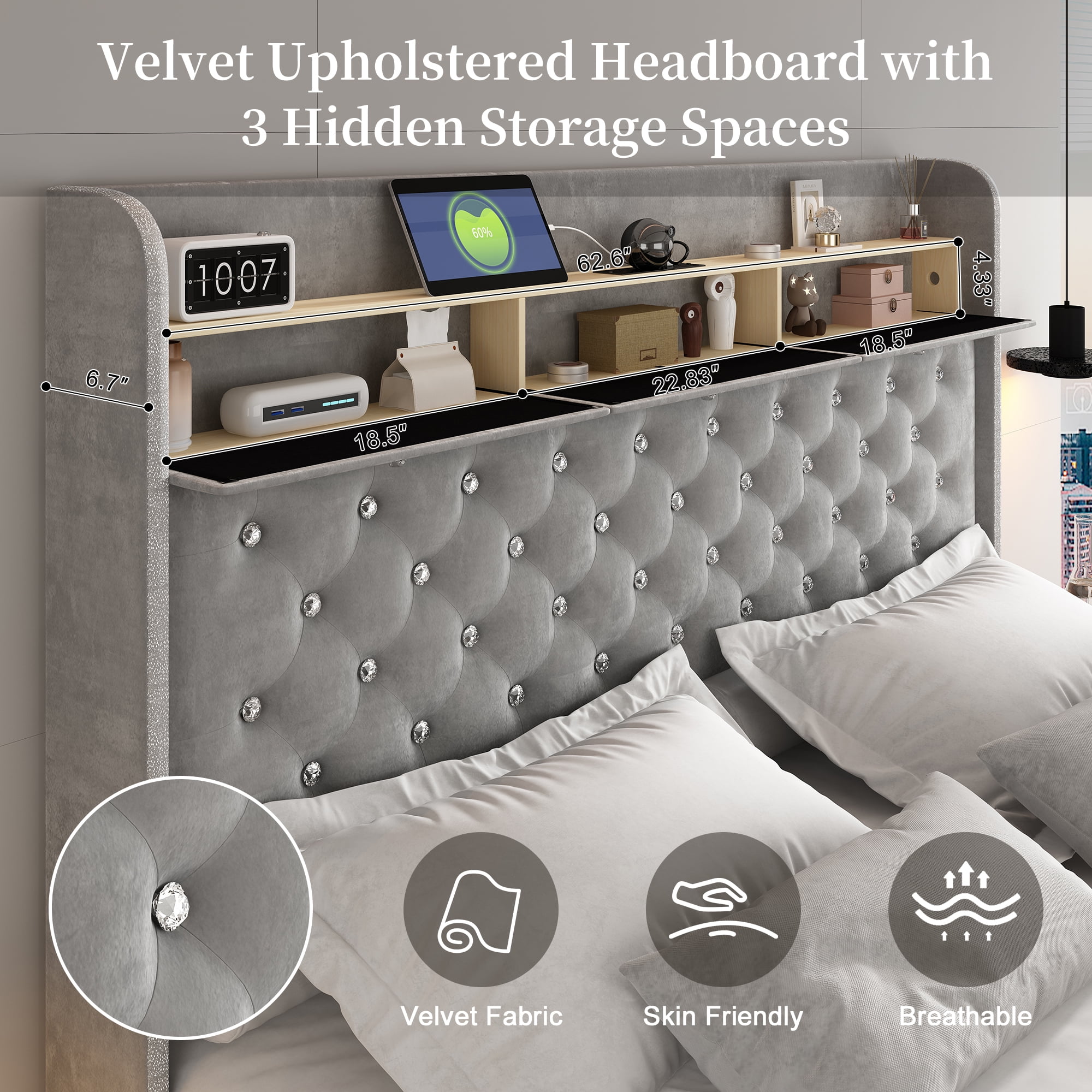SIBEDS Queen LED Bed Frame with Crystal Tufted Upholstered Headboard, Galaxy Projector, USB Charging, Velvet Gray
