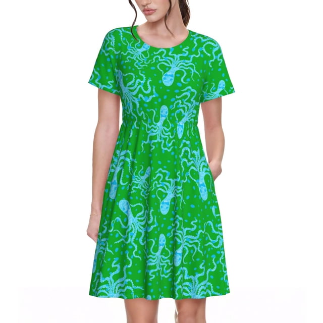 Vsdgher Pieuvre1 pour Femmes Été 2025 Robes Midi Maxi Décontractées Légères Manches Courtes Col Rond Robe de Plage