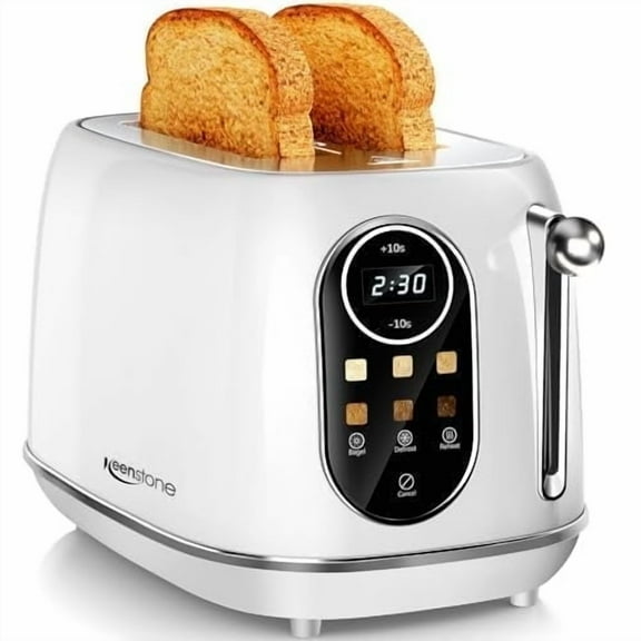 Keenstone 2 Slice Touchscreen Toaster - Stainless Steel Toaster with Wide Slot, 6 Shade Settings, Bagel Function, Removable Crumb Tray - White