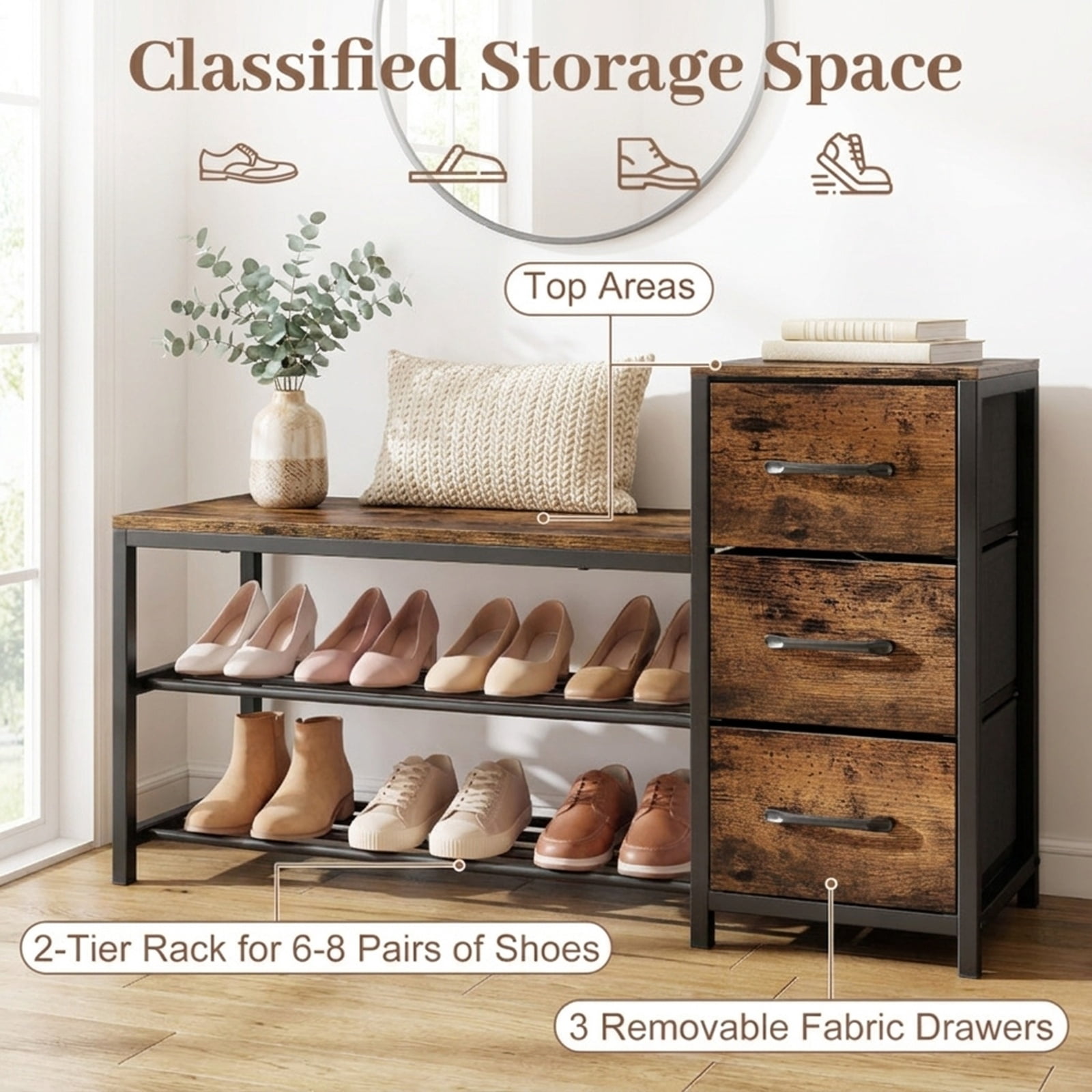 Furnibear 3 Tier Industrial Shoe Bench with 3 Removable Fabric Drawers and Anti Toppling Kits for Entryway Shoe Storage, Rustic Brown