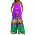 thumbnail image 4 of Fgvctg Womens Mardi Gras Jumpsuit Wide Leg Pant Carnival Party Spaghetti Straps Casual Mask Graphic Jumpsuits Sleeveless Bib Overalls Sprimg Romper Clothing With Pockets Purple L, 4 of 4