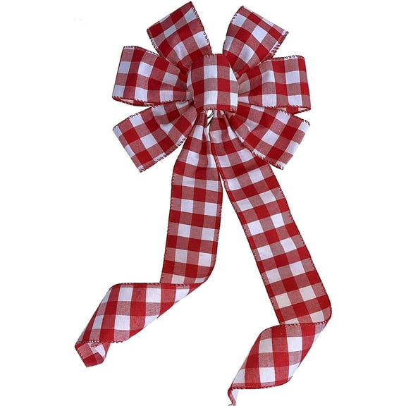 Buffalo Plaid Christmas Wreath Bow - 10" Wide, 18" Long Pre-Tied Bow, Red & White Checkers, Easter, Memorial Day, 4th of July, President's Day