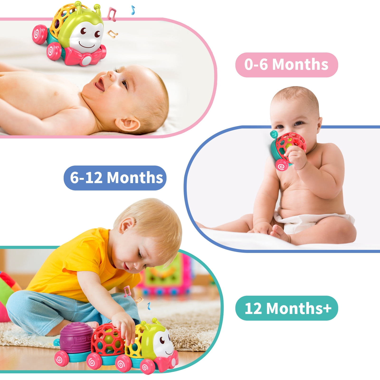 Wanonoo Caterpillar Car Toys for Babies 6-12 Months Infant Musical Push & Go Crawling Toy for Toddler Sensory Soft Developmental Grasp Baby Toy Car for 7 8 9 10 11 18 Month 1 Year Old Boys Girls Gift