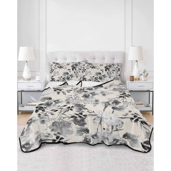 Quilts Twin XL Size, Black Grey Spring Floral Soft Comforter Bedding Set for Bed, Summer Botanical Watercolor Rustic Lightweight Quilted Bedspread with Pillow Cover(2 Pieces), 68x98 Inch
