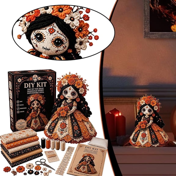 Clearance Day of The Dead Patchwork Doll DIY Kit, Sugar Skull Sewing Craft Kits, Halloween Fabric Doll Making Kit, Halloween Fall Home Decor Handmade Gift for Craft Lovers and Doll Collectors